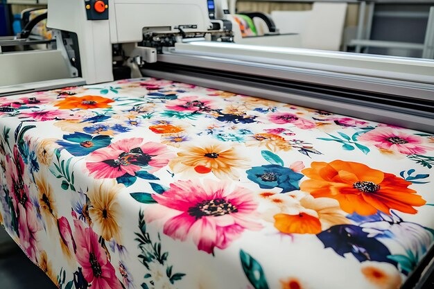 A modern textile printing machine digitally printing a vibrant, colorful floral pattern onto a roll of white fabric.