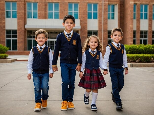 Four smiling children walking outside a school building, wearing matching navy blue school uniforms with yellow trim, white collared shirts, and ties.