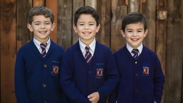Three smiling boys standing together, wearing matching navy blue school uniform cardigans, white shirts, and striped ties.