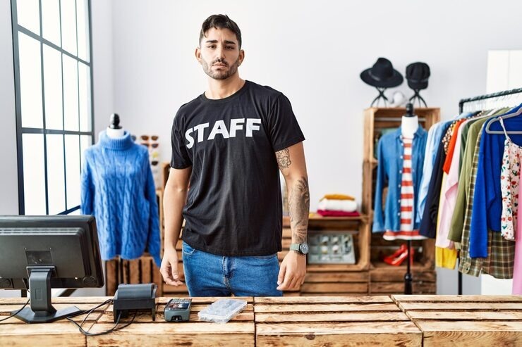 A man with tattoos standing behind a wooden counter in a clothing boutique, wearing a black t-shirt with "STAFF" printed on it in white.