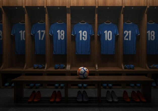 Blue soccer jerseys with white numbers hanging in a wooden locker room, with a soccer ball on the bench.