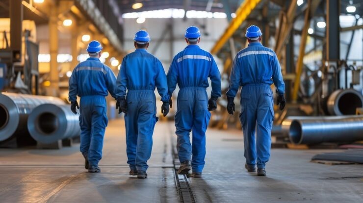 Four industrial workers in blue jumpsuits and blue hard hats walking away inside a factory.