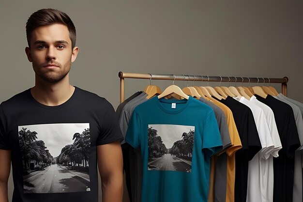 A man modeling a black graphic tee next to a rack of colorful t-shirts against a grey wall.