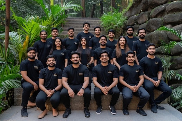 A group of young men and women in matching black t-shirts and pants posing for a group photo on outdoor stone steps surrounded by green plants.