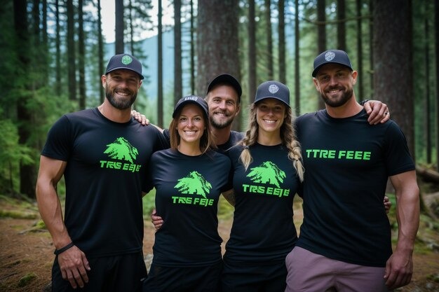 A group of five smiling men and women wearing matching black t-shirts and caps, posing together in a forest.