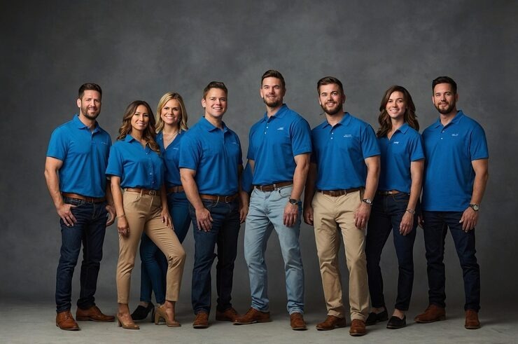 A professional group portrait of eight team members wearing matching blue polo shirts against a grey background.
