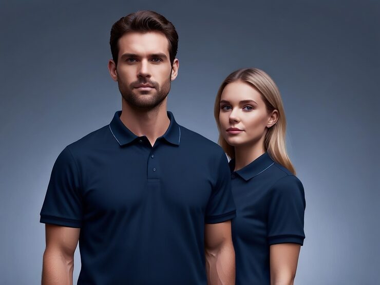 A man and a woman posing together in matching dark blue polo shirts against a plain grey background.