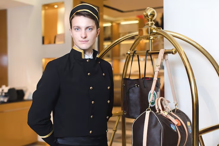 A hotel bellboy in a black uniform with gold buttons standing next to a brass luggage cart carrying bags.