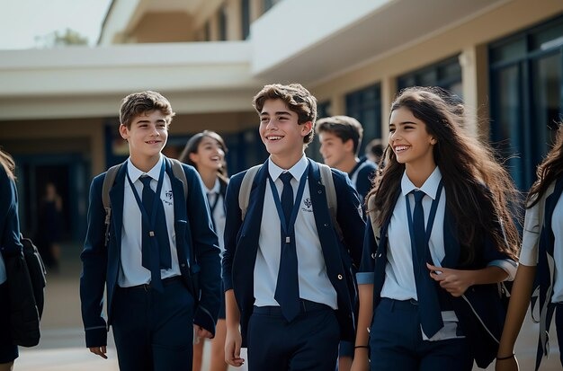 A group of smiling students walking and talking outdoors in a school courtyard, wearing matching blue blazers and ties."