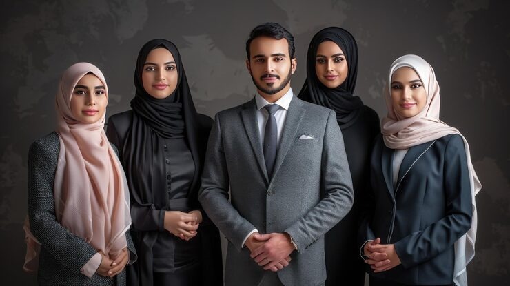 A professional group of Muslim business people, featuring a man in a grey suit surrounded by four women wearing hijabs and blazers.