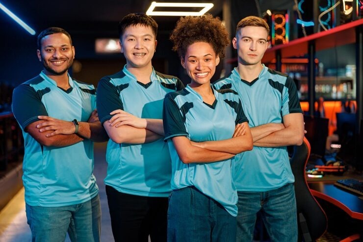 A diverse esports team of four players smiling and standing with arms crossed inside a gaming lounge, wearing matching light blue jerseys with dark blue shoulder panels.