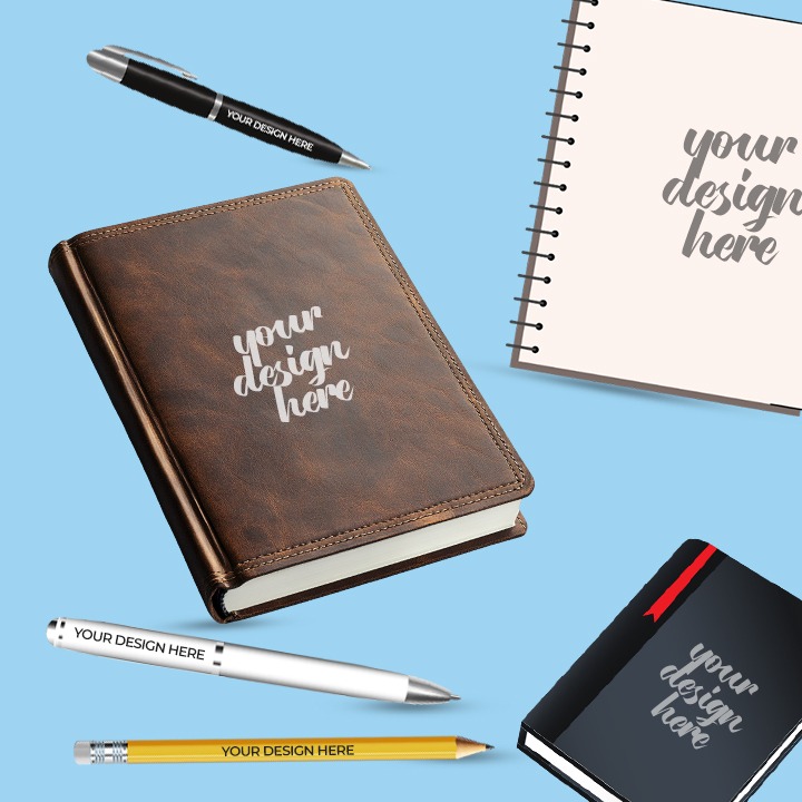 Collection of Customisable Corporate Gifts including leather notebooks, spiral notepad, pens, and a wooden pencil, perfect as Promotional Gifts and Customized Corporate Gifts Dubai.