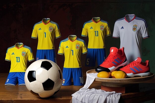 Various custom football kits with numbers and a soccer ball, created by a professional football jersey maker.