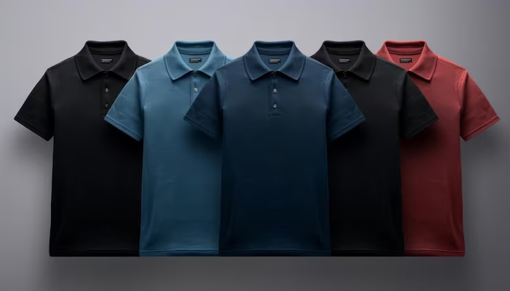 Bulk polo shirts with logo in various colors displayed neatly.