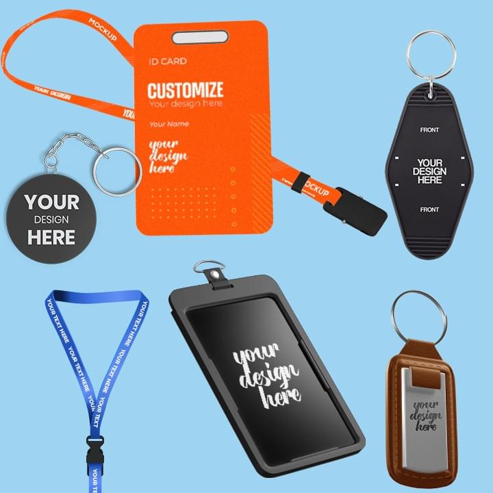 Collection of promotional items including custom keychains and ID badges, perfect for Customized Corporate Gifts Dubai.