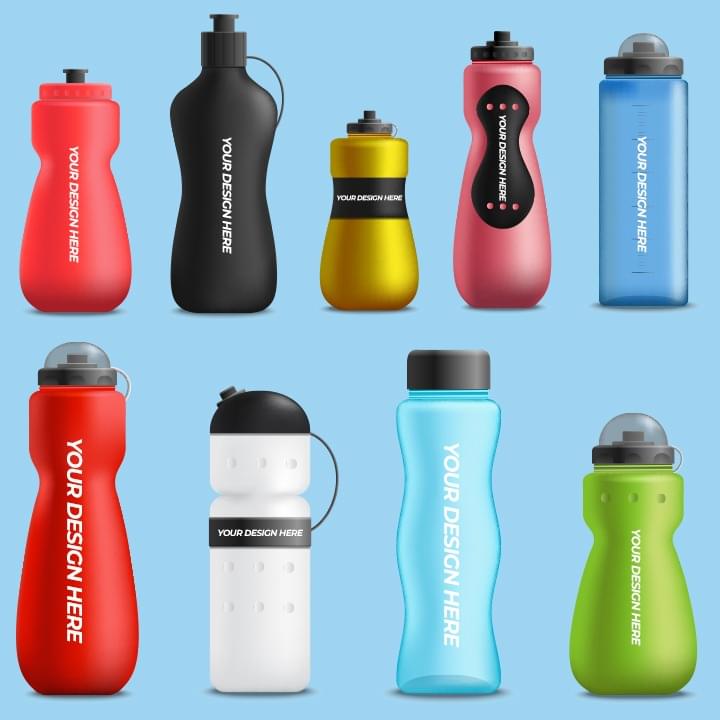 Collection of customisable sports water bottles in various colors and designs, ideal as promotional gifts and Customized Corporate Gifts Dubai.